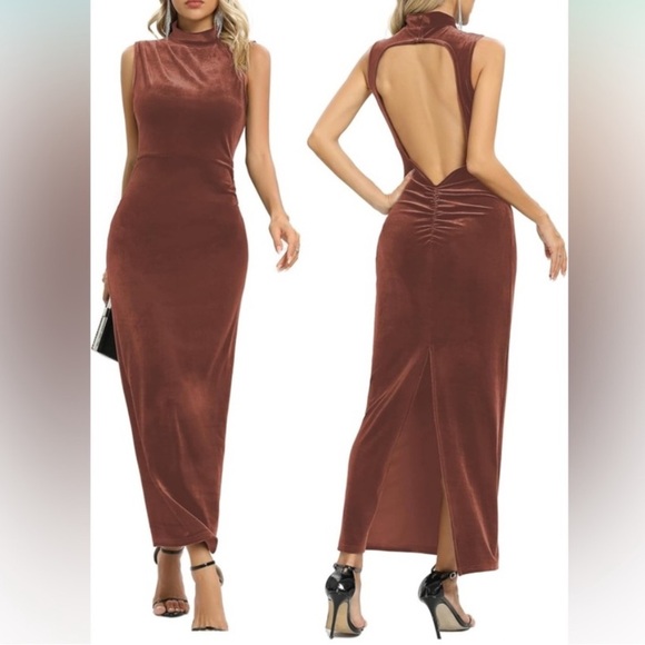 Backless Velvet Formal Bodycon Maxi Dress Apricot Pink - Picture 3 of 5